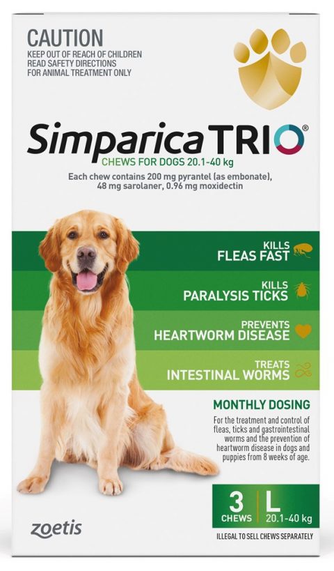 Simparica Trio 20.1-40kg (Green) 3pk (10022142) - Wholesale Pet Supplies